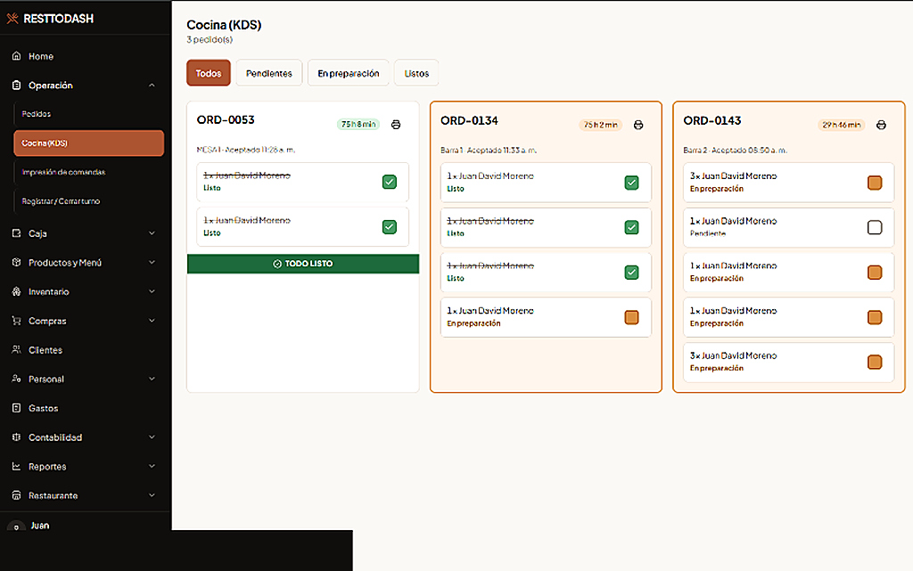 Captura real del módulo Cocina KDS de ResttoDash